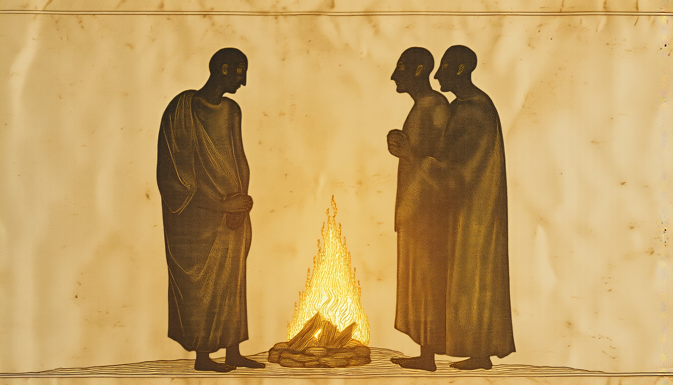 Two figures by a fire, gold line engraving