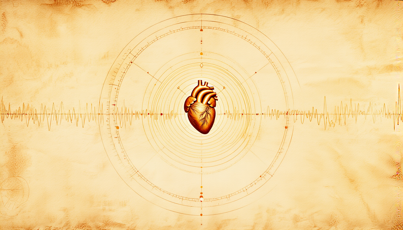 A heart radiating field lines, gold line engraving